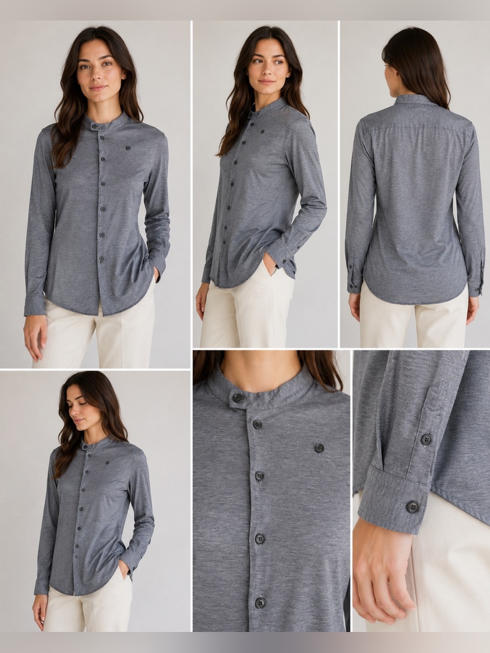 Armani Collezioni Women’s Gray Long Sleeve Shirt Size M Mandarin Collar Designer